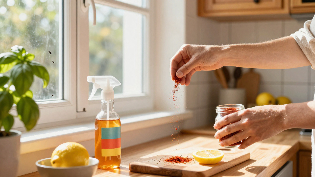 Person sprinkling red spice from a jar onto a wooden chopping board in a sunlit kitchen.