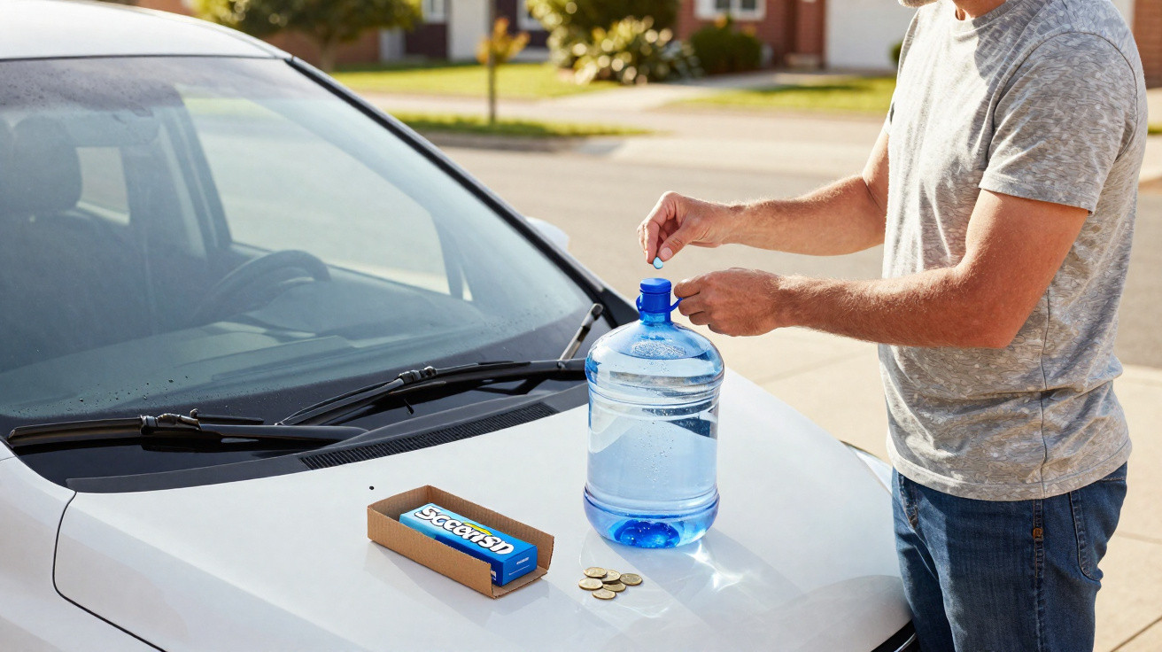 Man opening a large water bottle on a car bonnet with a pack of gums and coins nearby.