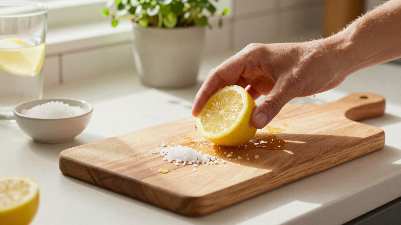Hand squeezing half a lemon over coarse salt on a wooden chopping board in a bright kitchen.