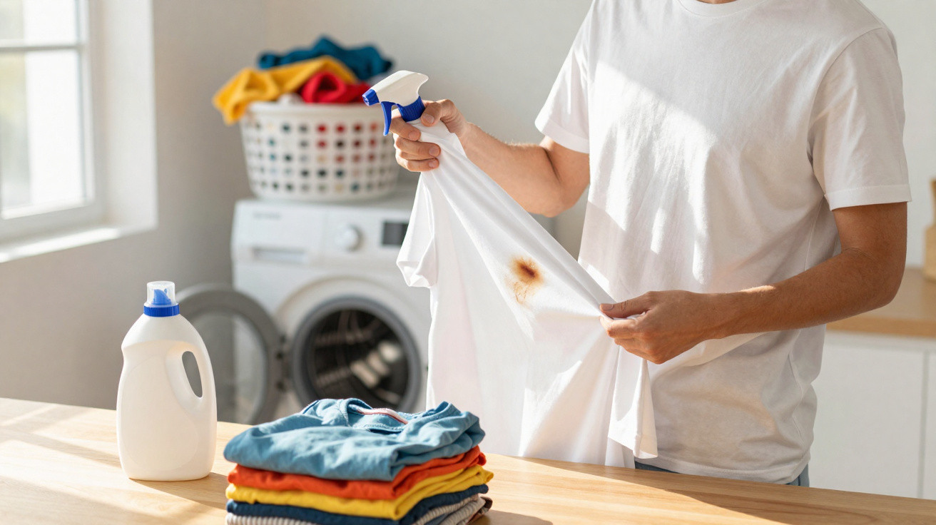 Person treating a stained white shirt with spray in a bright laundry room with a stack of folded clothes.