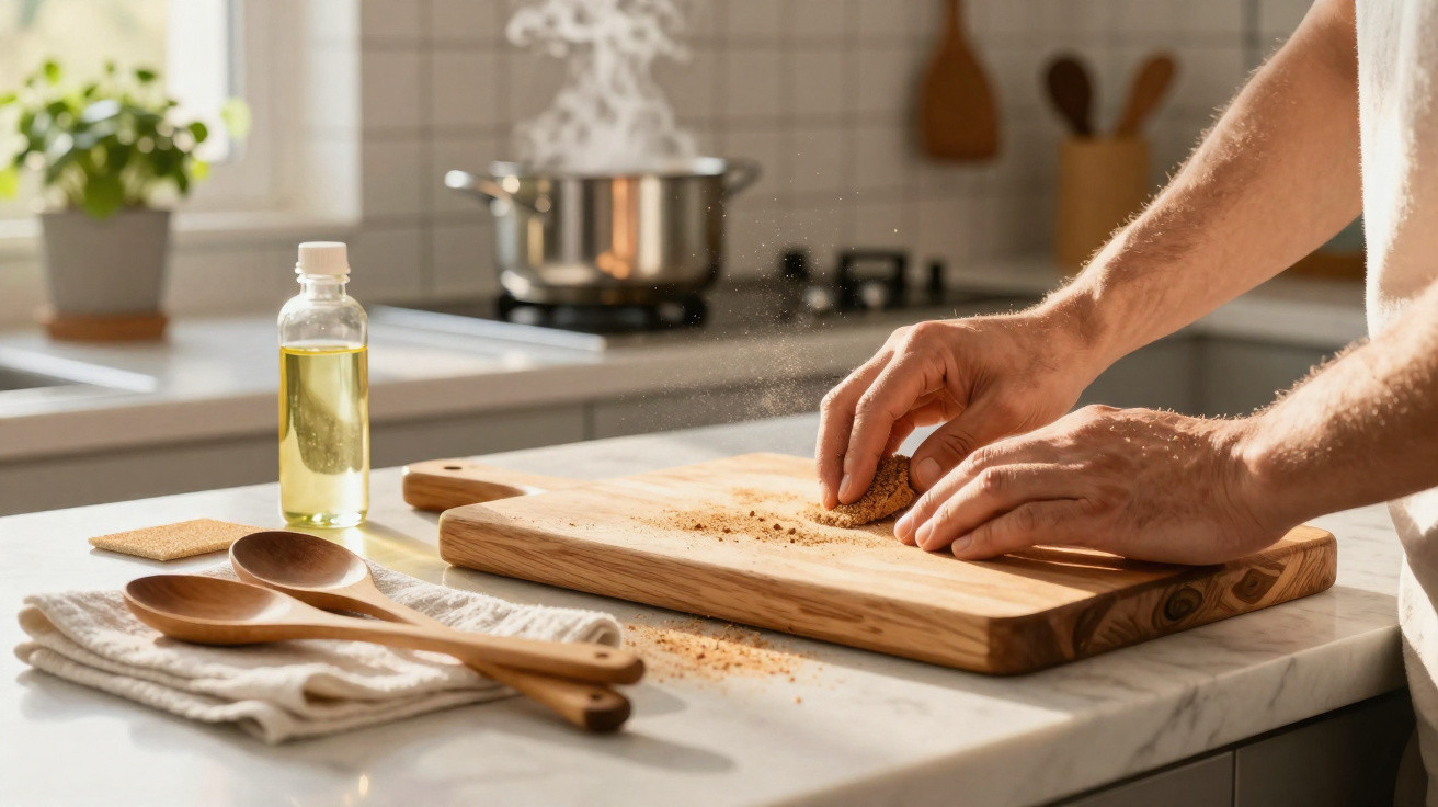 Hands crushing biscuits on a wooden board in a sunlit kitchen with a steaming pot in the background.