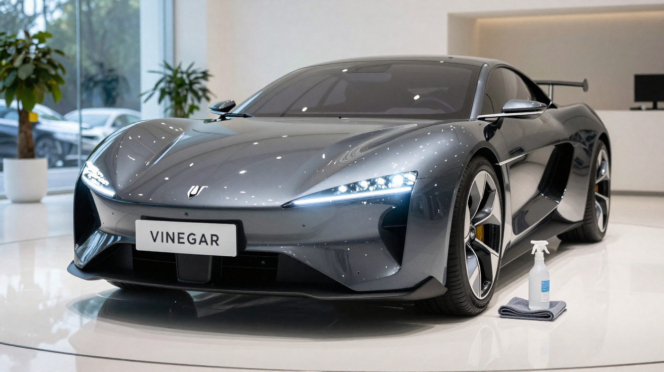 Sleek grey sports car with LED headlights displayed indoors next to a spray bottle and cloth on a shiny floor.