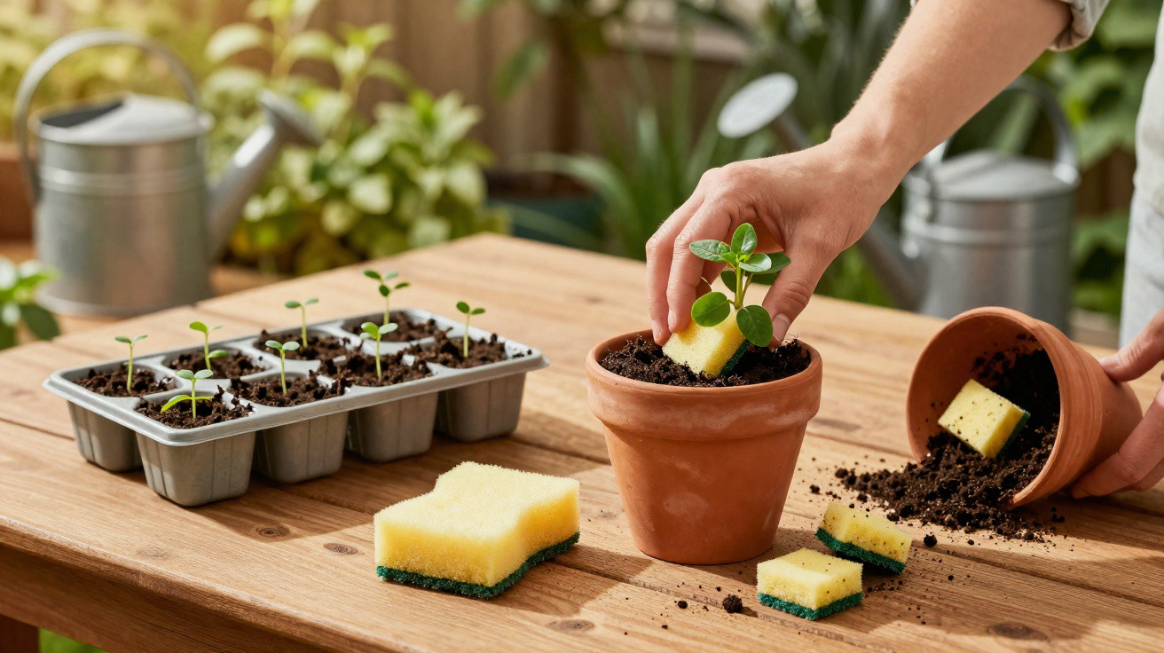 Person planting a seedling in a terracotta pot using a yellow sponge on a wooden table outdoors.