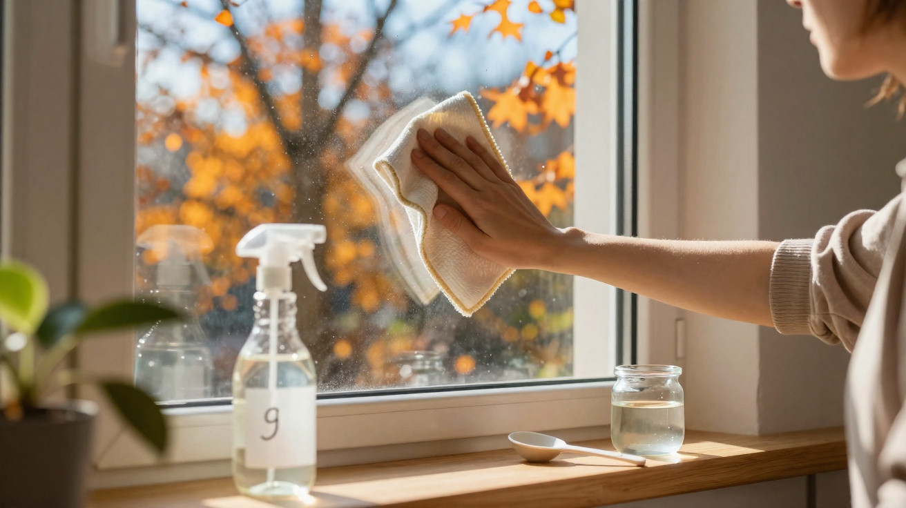 Person cleaning a window with a cloth and spray bottle, autumn leaves visible outside.