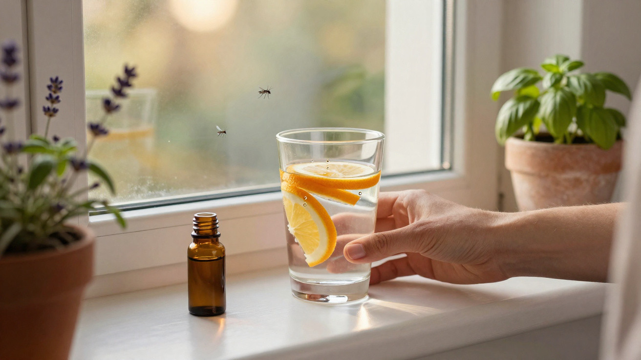 Hand holding a glass of lemon water near window with flying insects and essential oil bottle on sill.