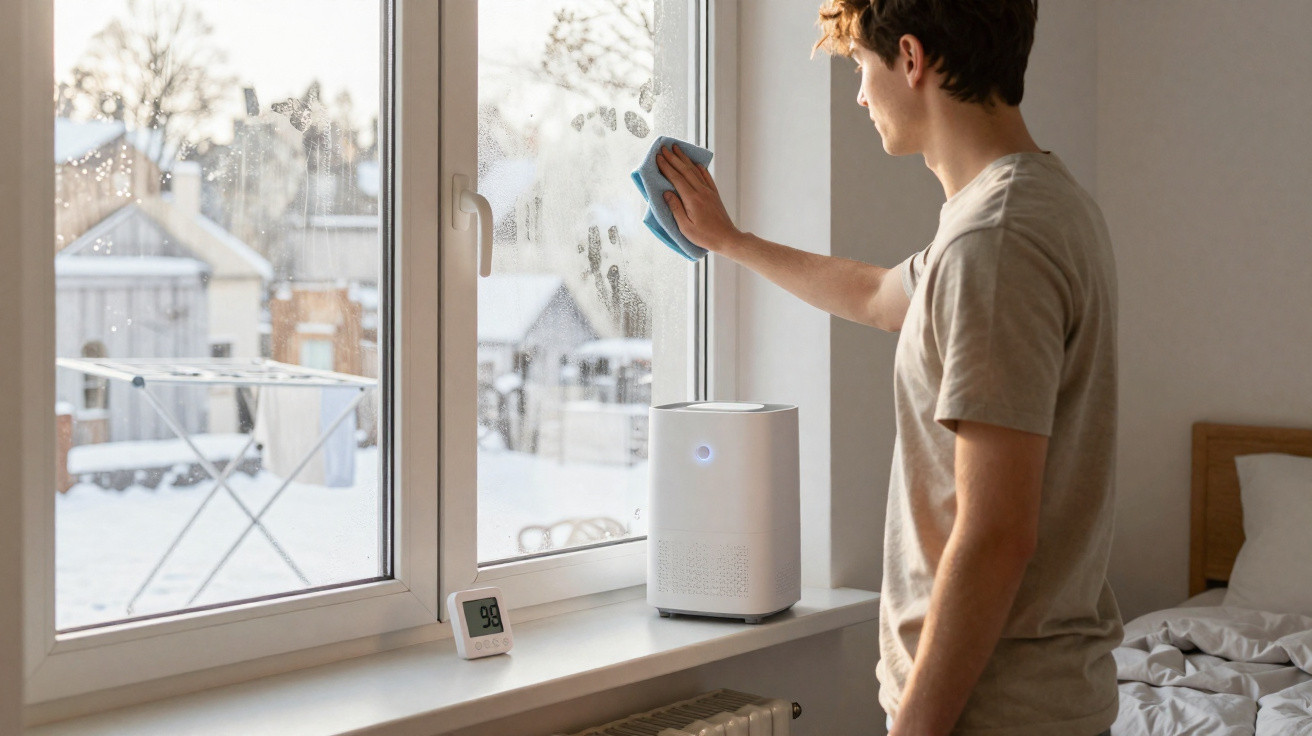 Young man cleaning a window in a bright room with a snowy outdoor view and an air purifier on the windowsill.