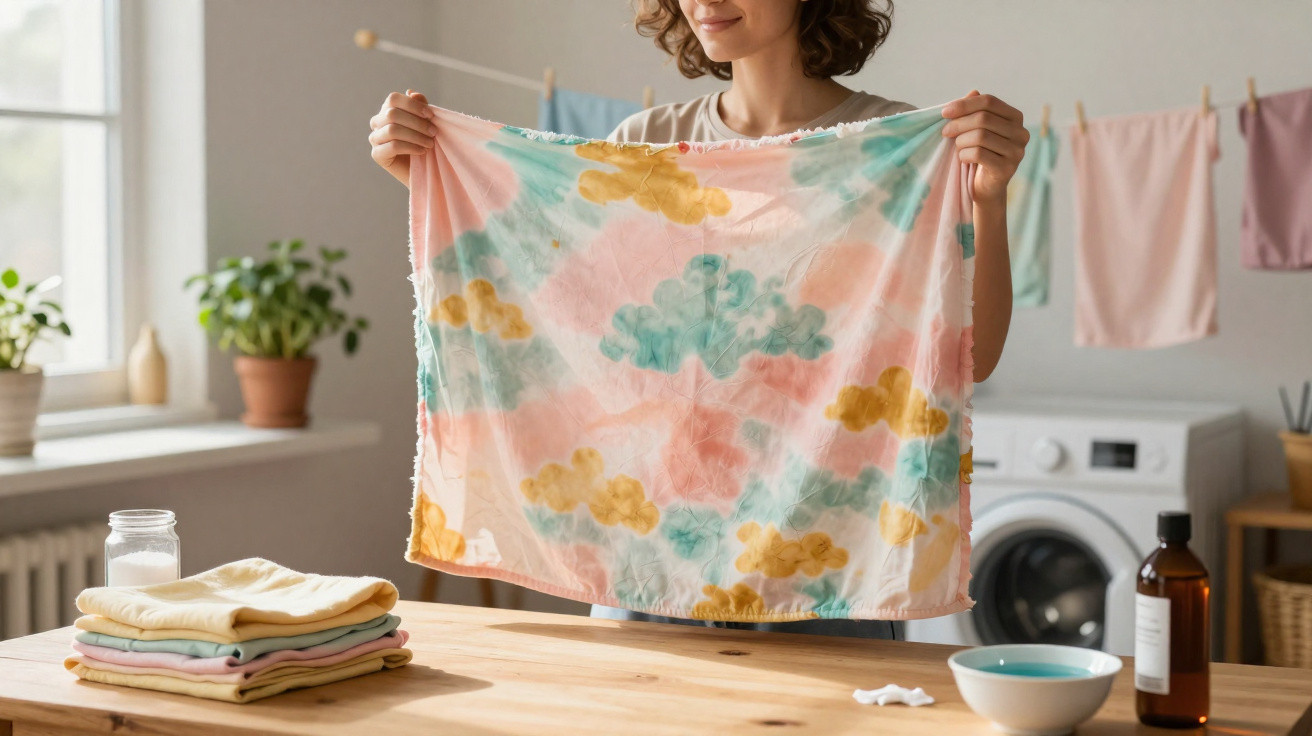 Woman holding up a colourful cloth with cloud patterns in a laundry room with washing machine and drying clothes.