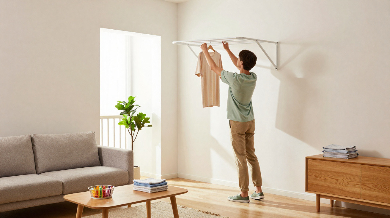 Person hanging a beige shirt on a wall-mounted drying rack in a bright, minimal living room with a sofa and wooden furniture.
