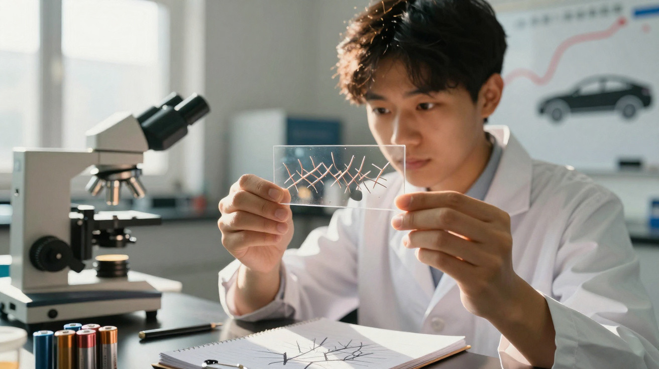 Scientist in lab coat examining transparent circuit board, with microscope and sketches on desk.