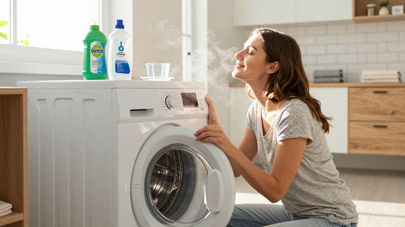 Woman kneeling by a steaming washing machine in a bright, modern kitchen with cleaning products on top.