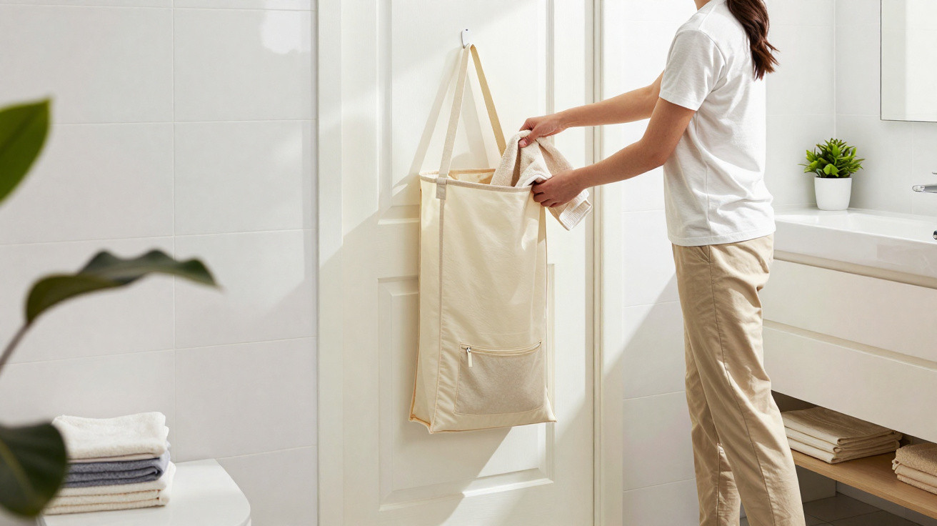 Person placing laundry in a beige hanging bag on a white door in a bright bathroom.