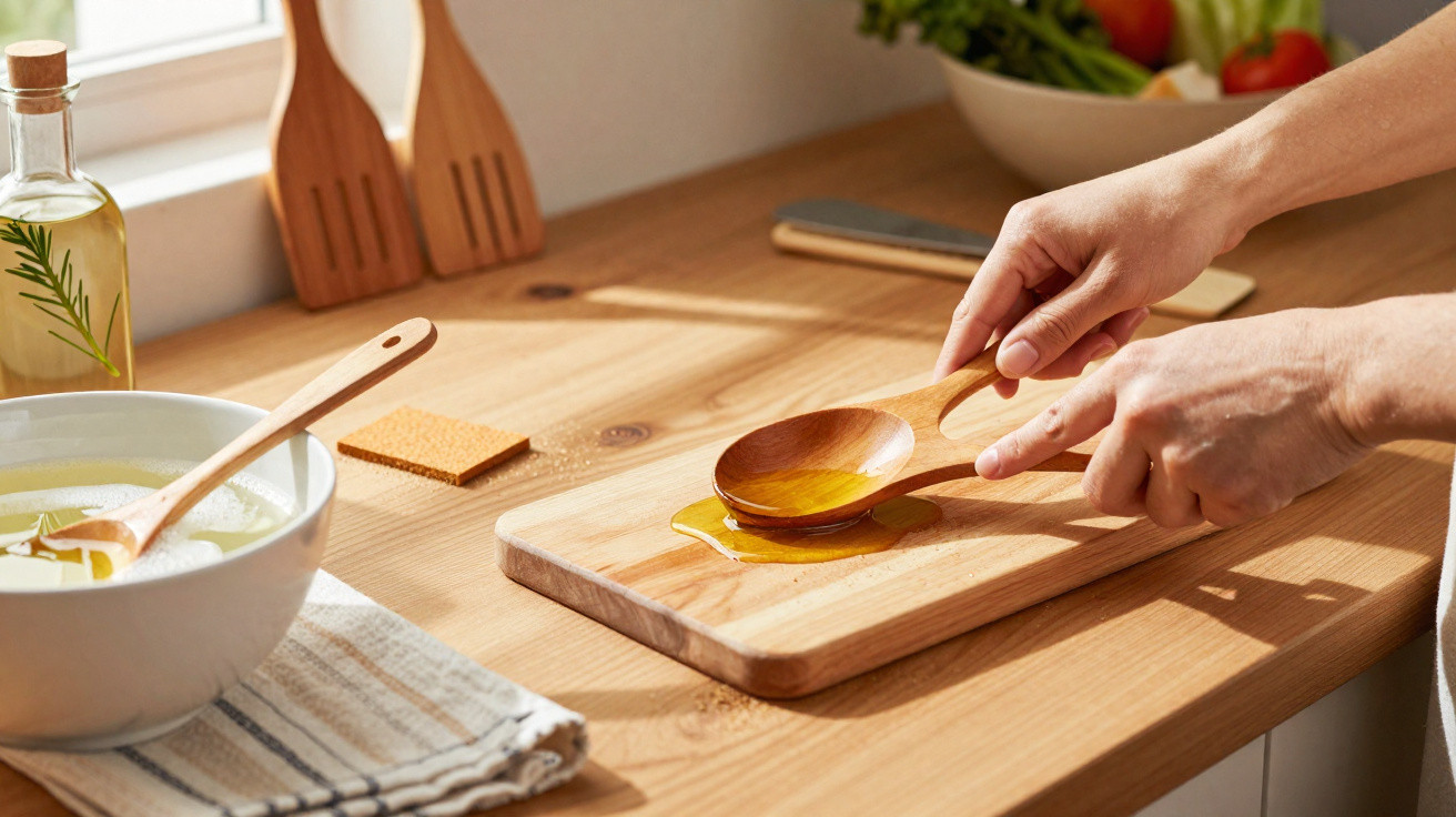 Person pouring honey from a wooden spoon onto a wooden cutting board in a sunlit kitchen.