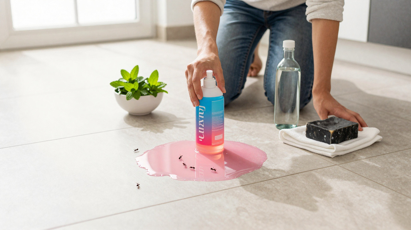 Person using spray to remove ants from pink liquid spill on tiled floor near cleaning supplies and plant pot