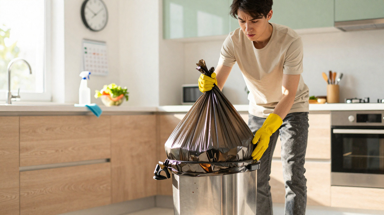 Young man wearing yellow gloves takes out a black rubbish bag from a metal bin in a modern kitchen.