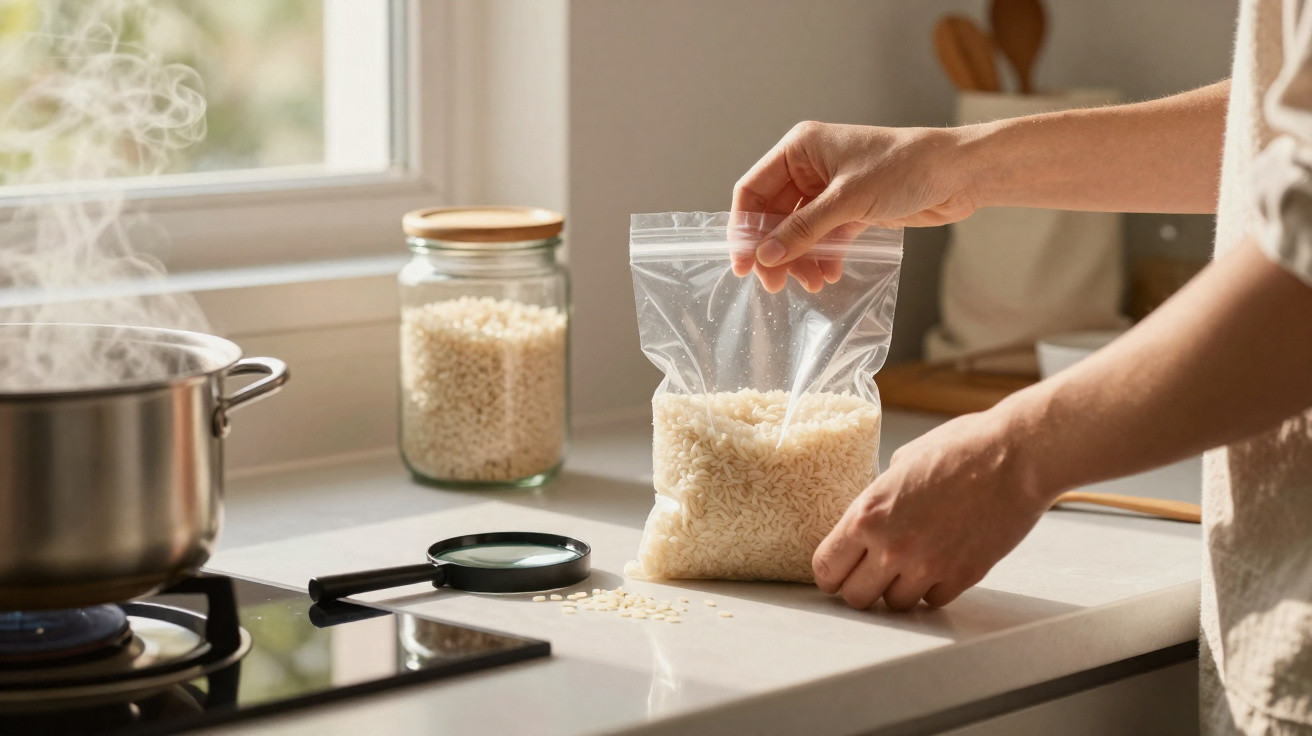 Person sealing a plastic bag of cooked rice in a kitchen near a steaming pot and jar of rice.