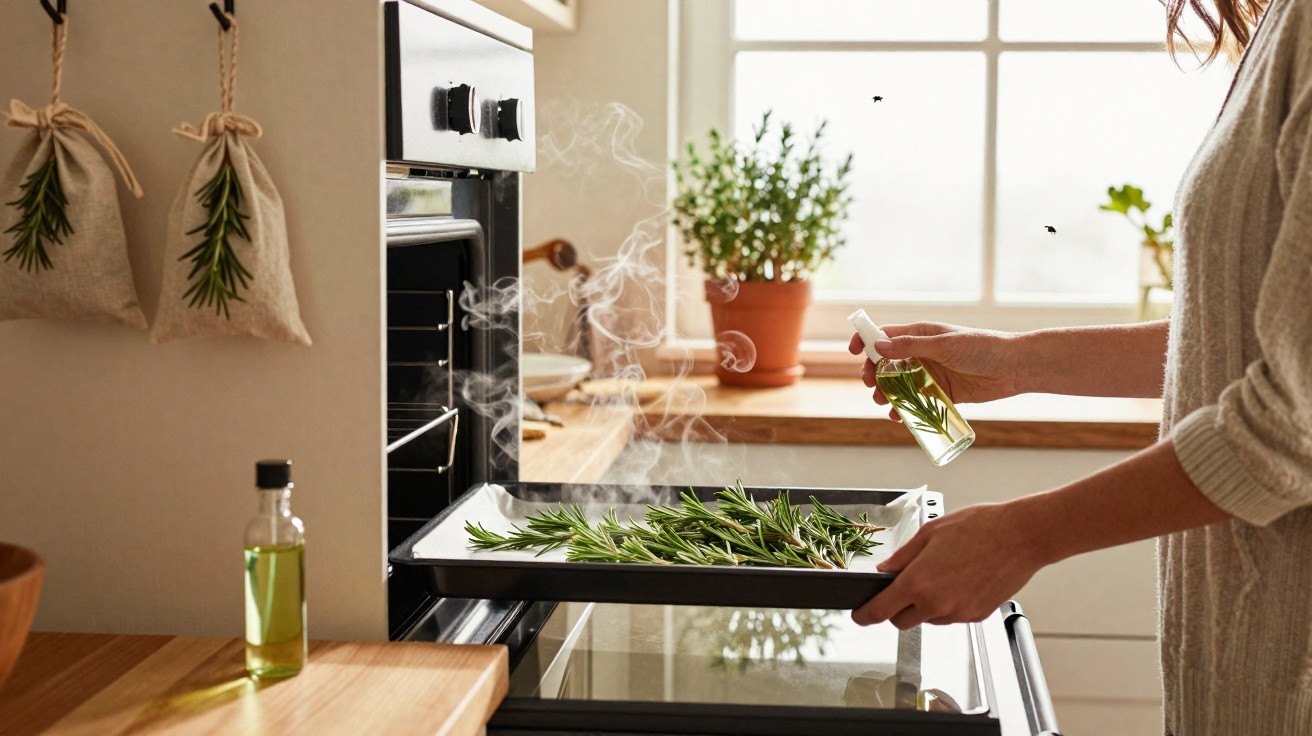 Person spraying herbs on a baking tray as steam rises from the open oven in a sunlit kitchen.