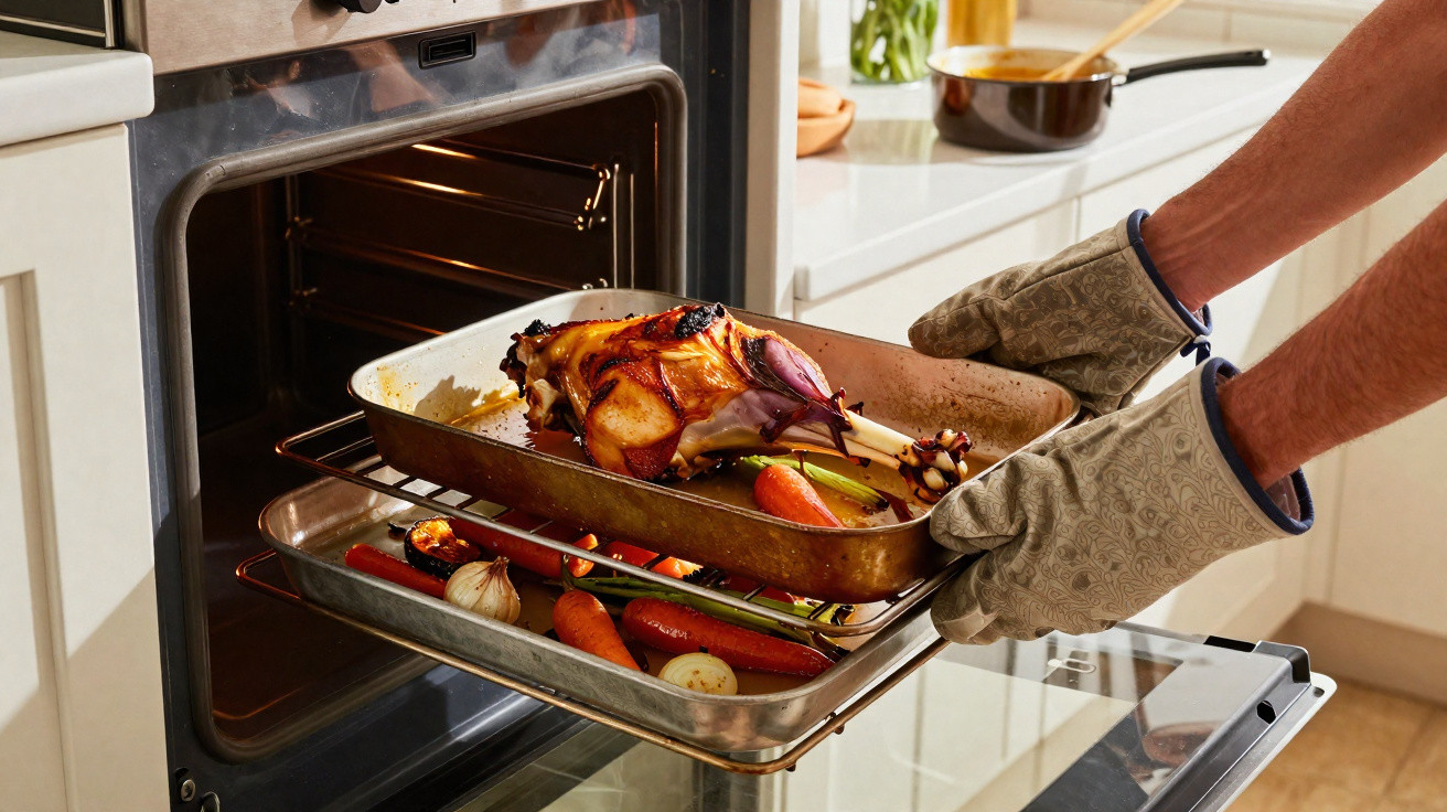 Person wearing oven gloves taking roasted meat and vegetables out of an oven in a modern kitchen