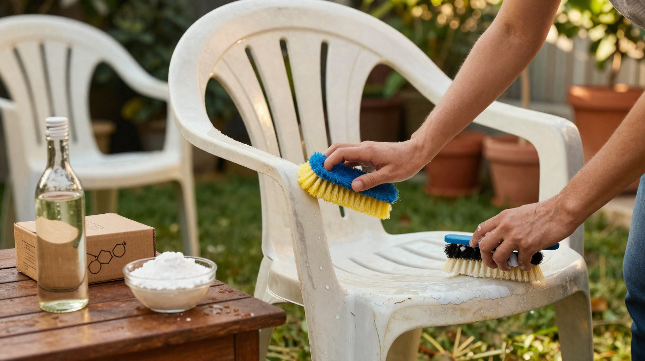 Person cleaning a white plastic garden chair with brushes and cleaning supplies nearby outdoors.