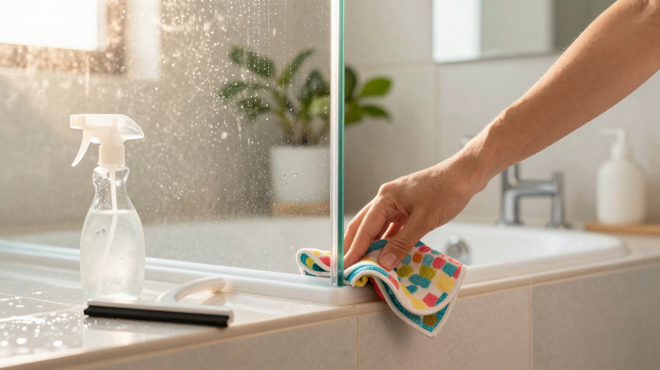 Person cleaning a glass shower screen with a colourful cloth and spray bottle in a bright bathroom.