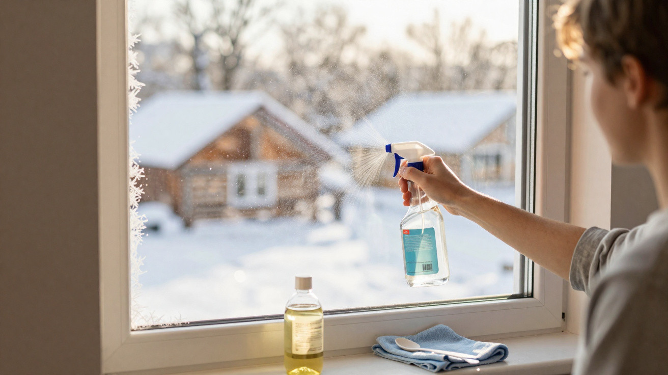 Person spraying window cleaner on a frosty window with snow-covered houses outside.