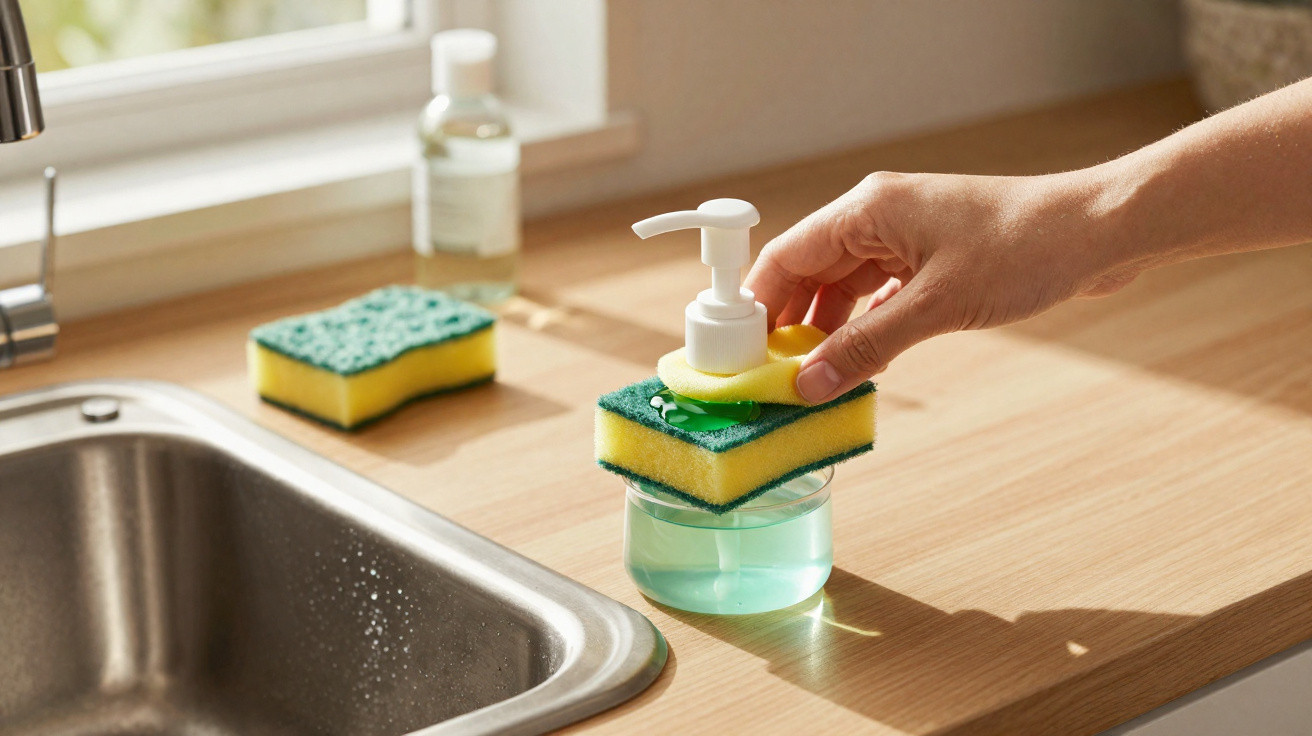 Hand pressing liquid soap dispenser on yellow and green sponge next to kitchen sink on wooden countertop.