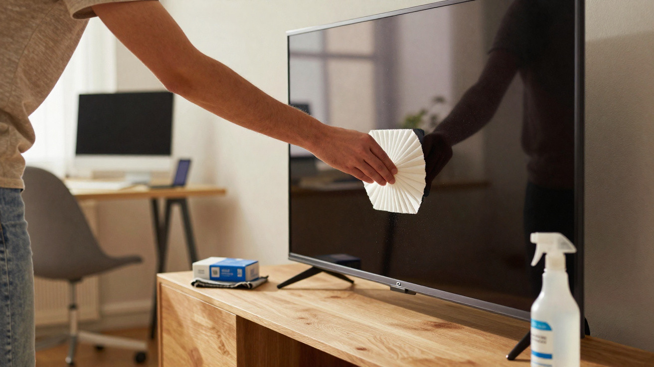 Person cleaning black flat-screen TV with white cloth on wooden stand in modern room with desk and chair.