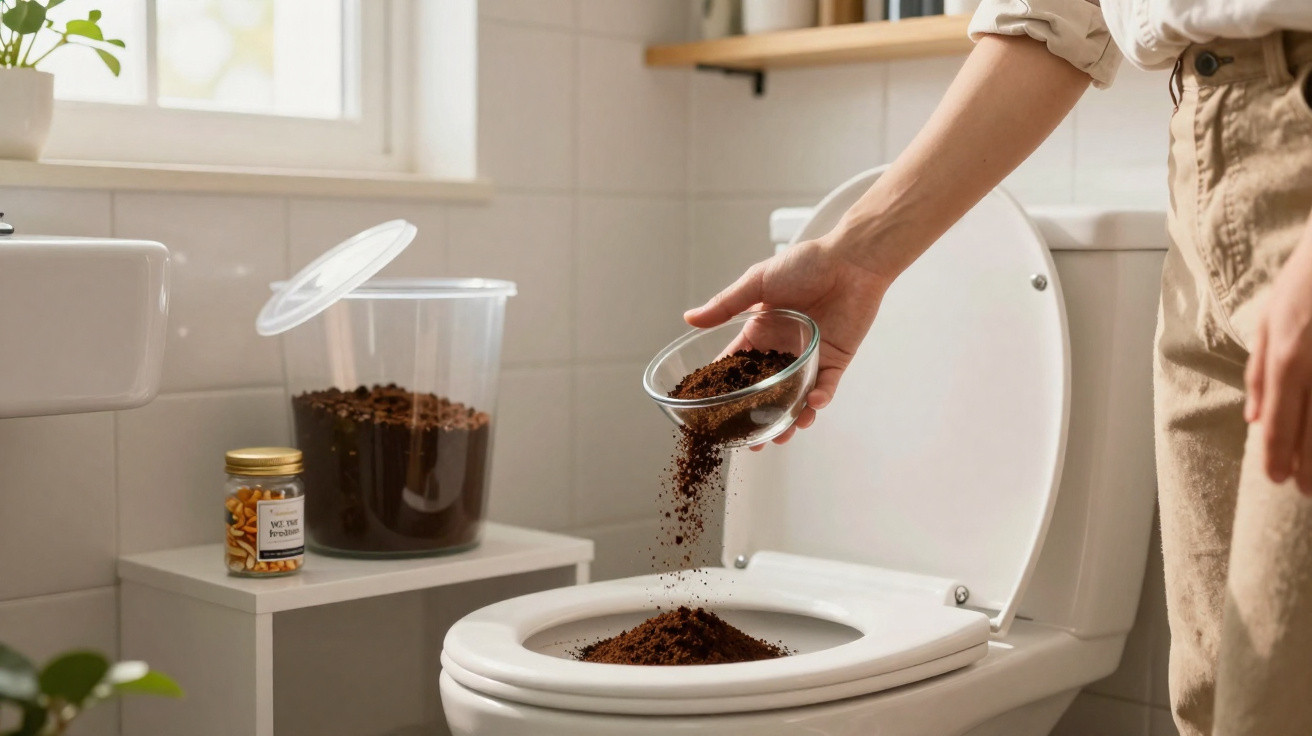 Person pouring used coffee grounds into a toilet bowl in a bright bathroom.