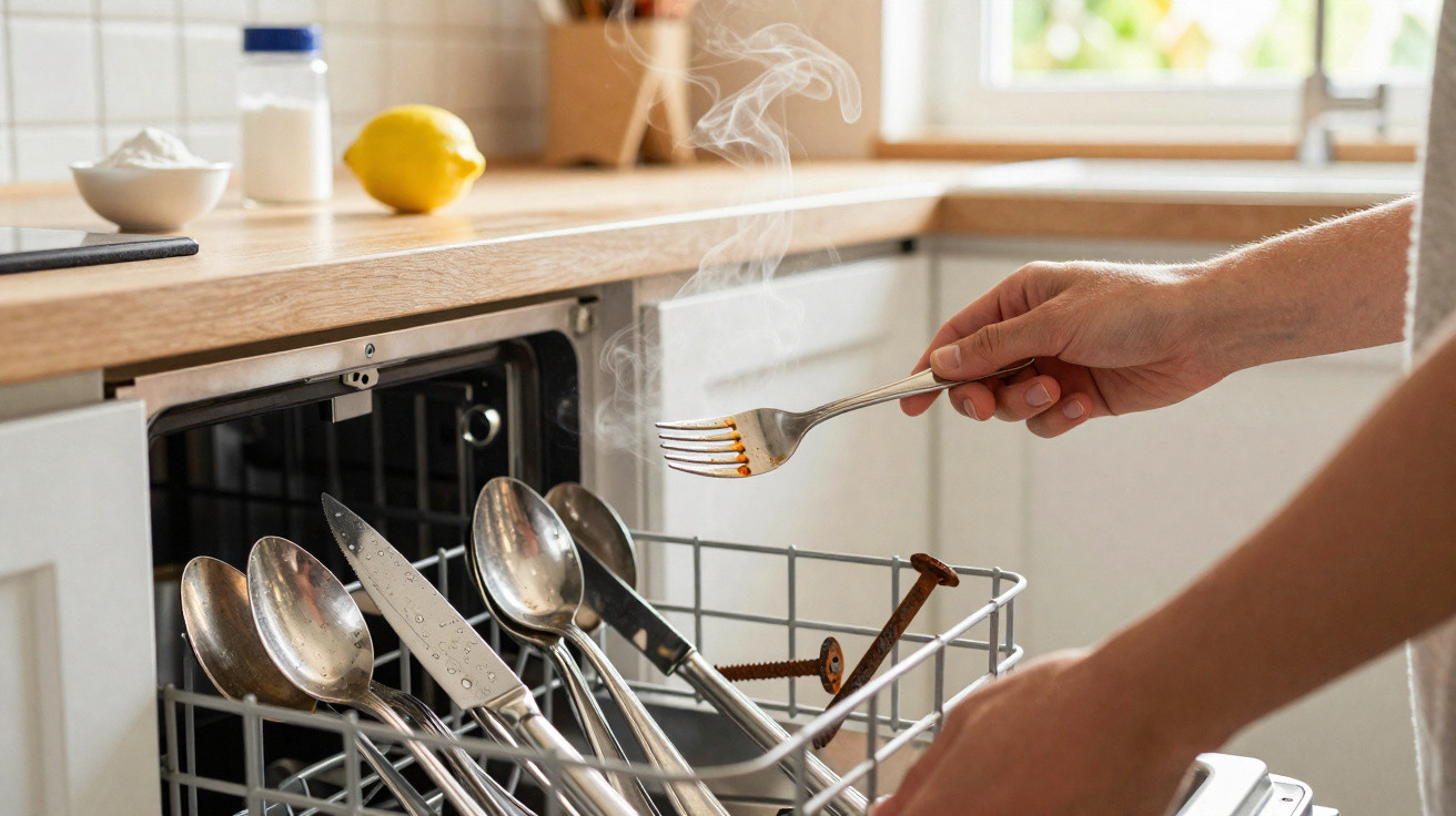 Hand holding a fork removing steaming rusty nails from a dishwasher filled with cutlery in a kitchen.