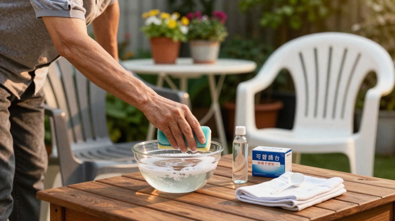 A person cleaning a clear bowl with a sponge on a wooden table outdoors with cleaning supplies nearby