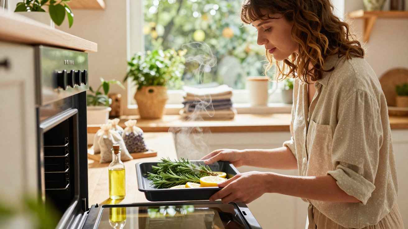 Woman placing a roasting tray with herbs and lemon into a kitchen oven on a sunny day.