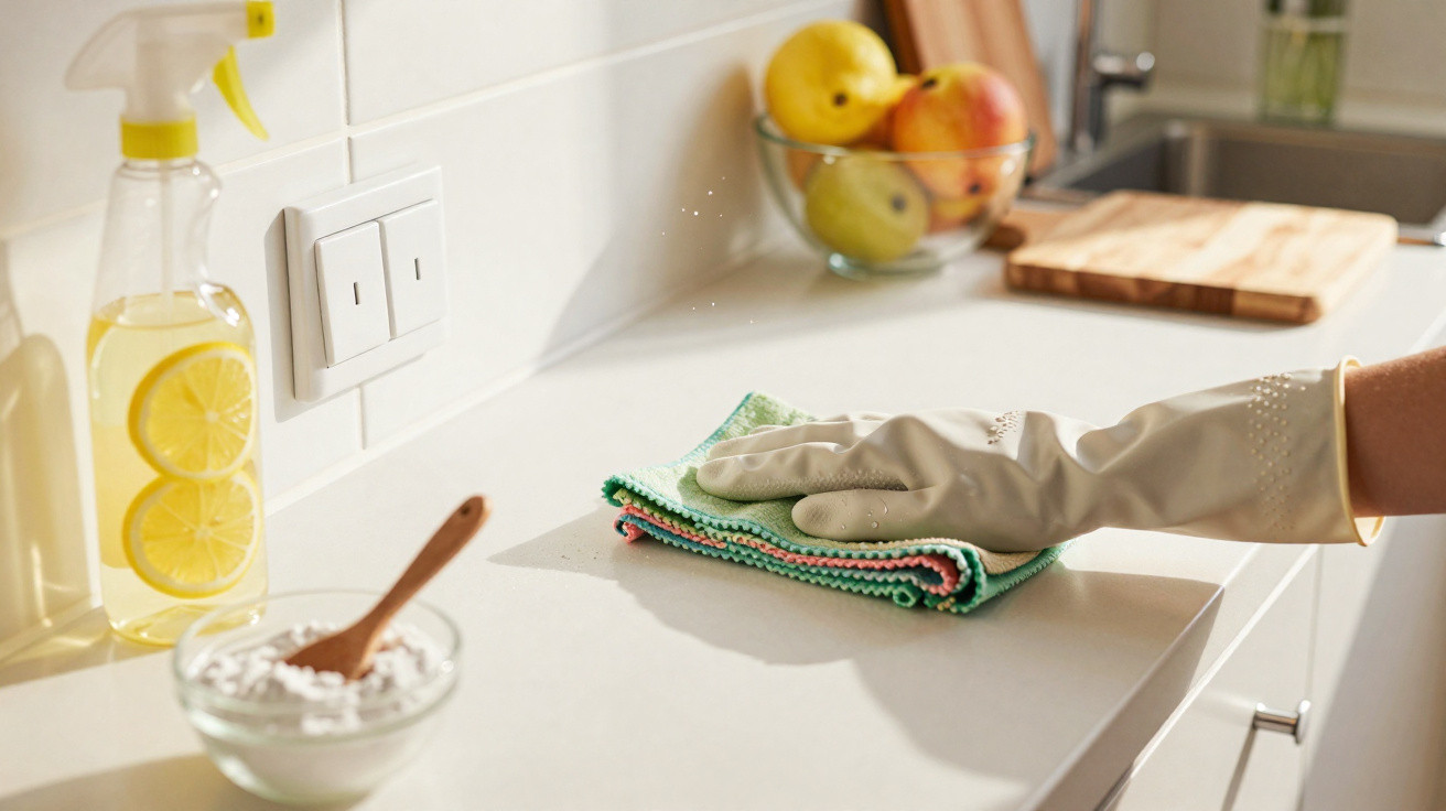 Hand in rubber glove wiping kitchen counter with cloth, lemon spray bottle and fruit bowl nearby.