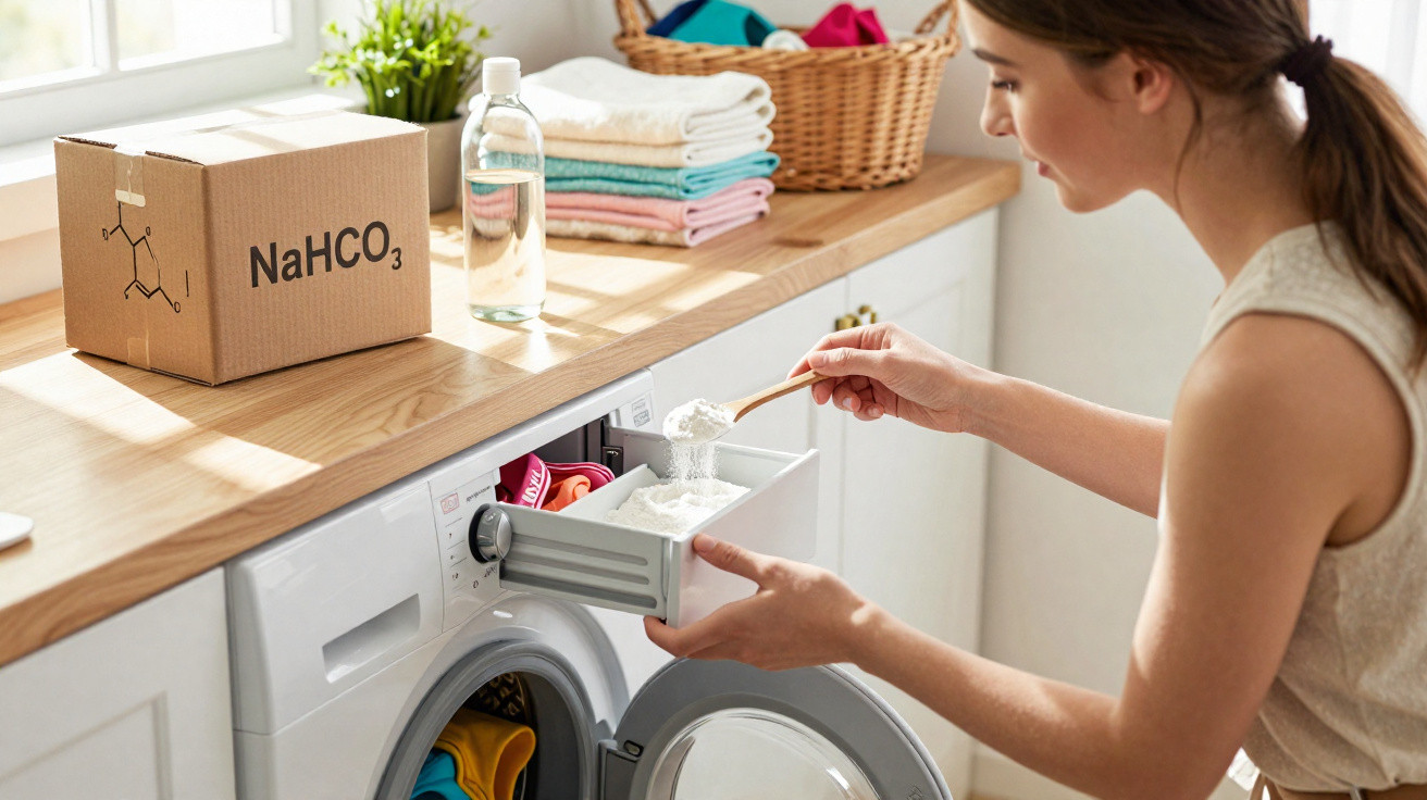 Woman scooping white powder detergent into washing machine drawer in a bright laundry room.