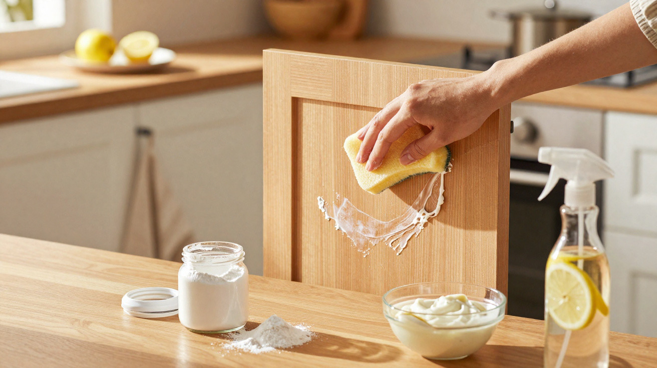 Hand cleaning a wooden chair with a yellow sponge and natural cleaning ingredients on the table.