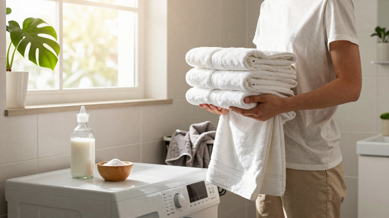 Person holding a stack of clean white towels beside a washing machine in a bright laundry room.