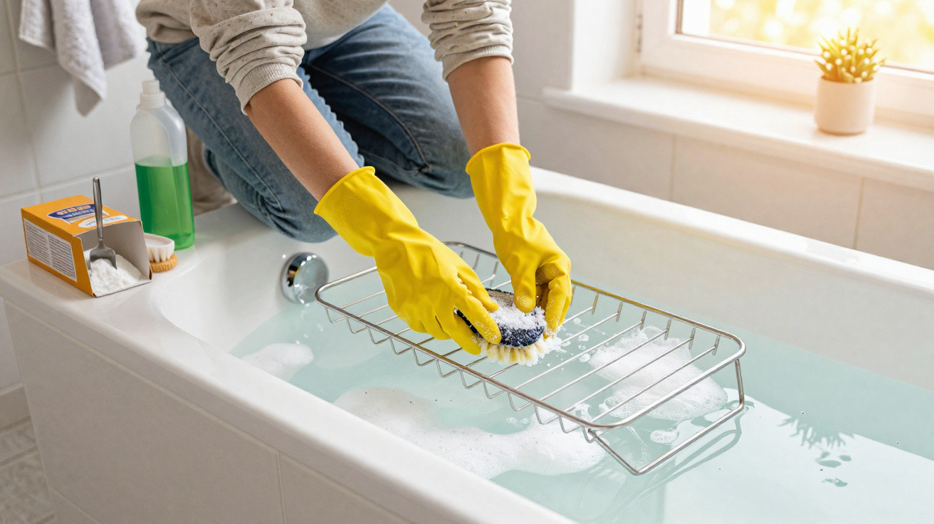 Person wearing yellow gloves cleaning a metal rack over a bathtub filled with soapy water.
