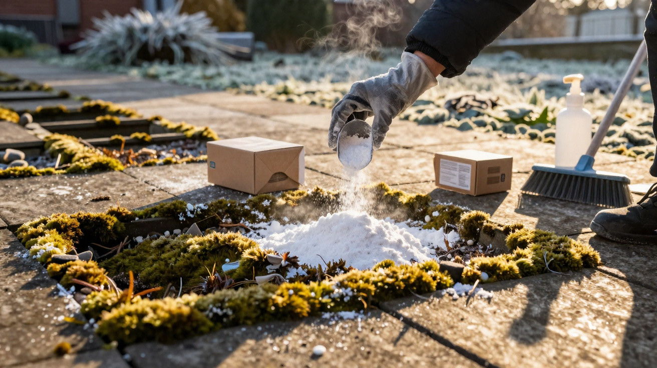 Person spreading salt on moss growing between paving stones outdoors on a frosty morning.