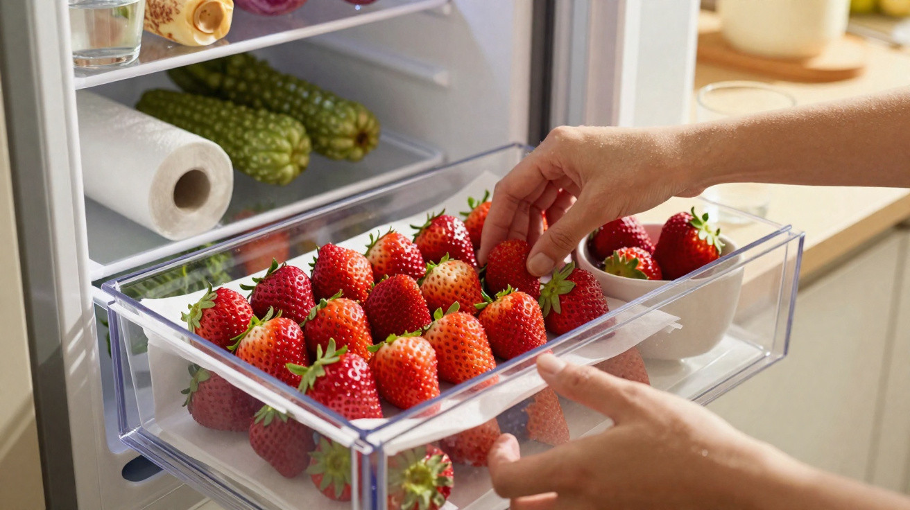 Hand reaching for fresh strawberries in a clear fridge drawer with corn and paper towel visible above.
