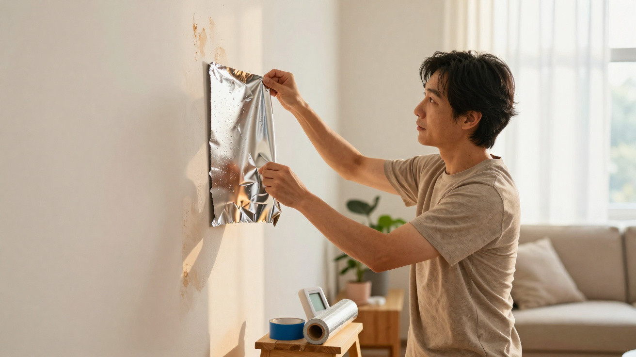 Man covering a damaged interior wall with aluminium foil in a bright living room.