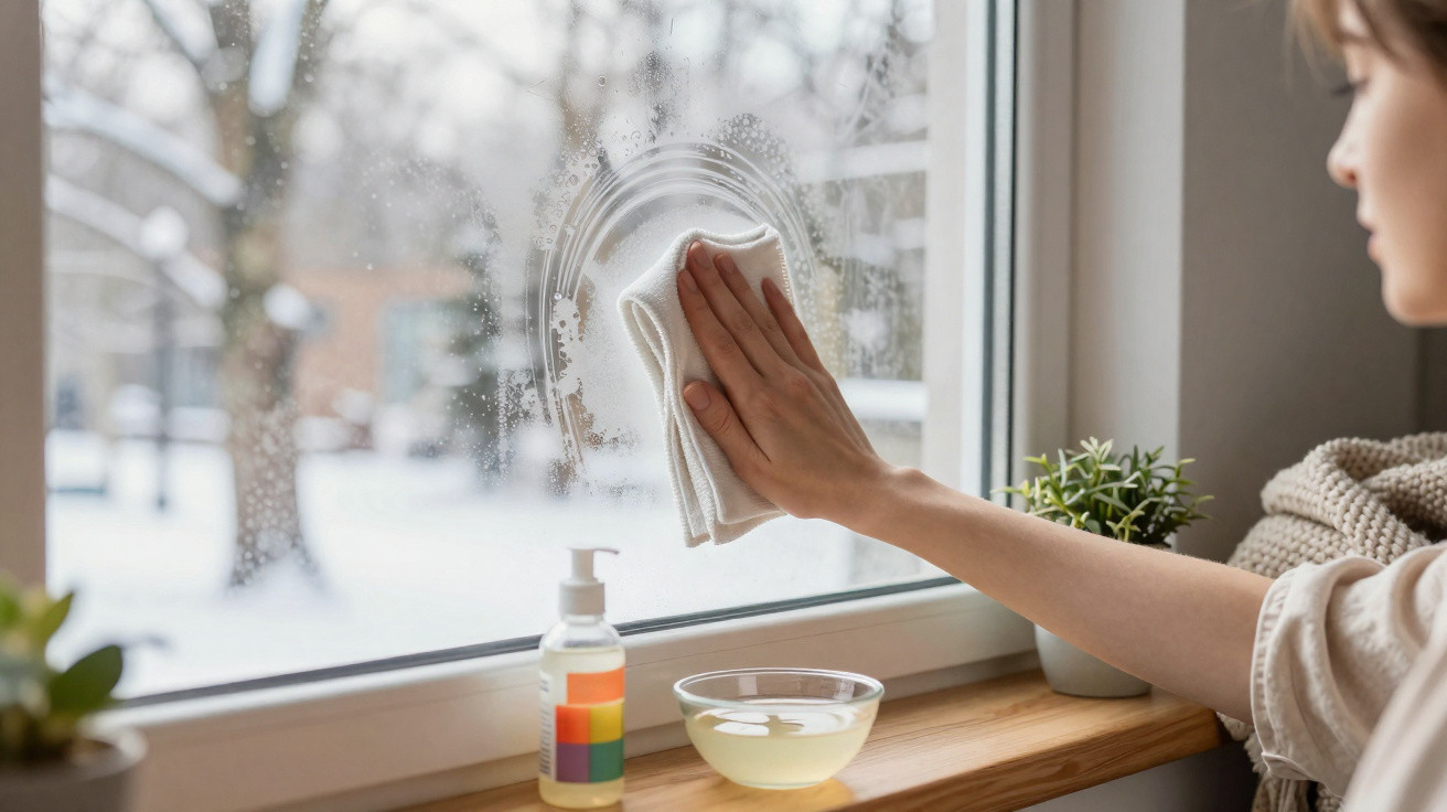 Person cleaning a frosty window with a cloth on a snowy winter day, indoor plants on the windowsill.