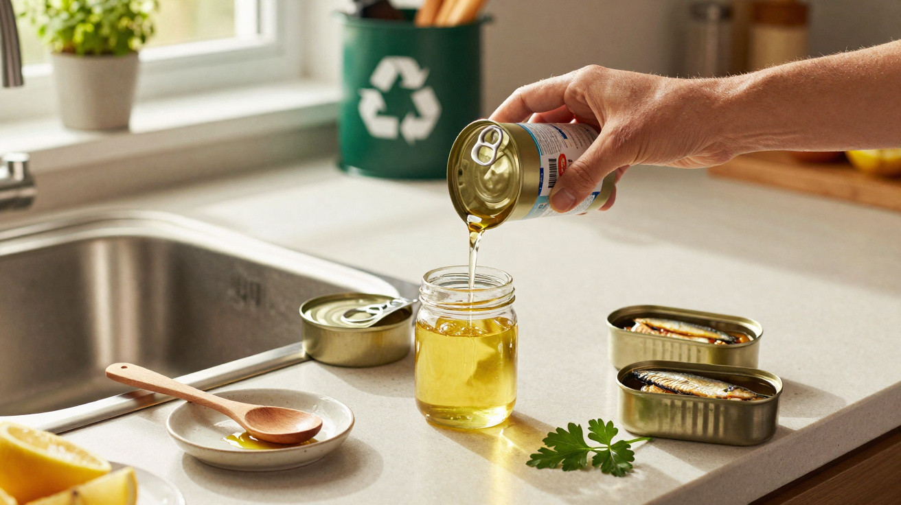 Hand pouring oil from a tin can into a glass jar on a kitchen counter with opened sardine tins nearby.