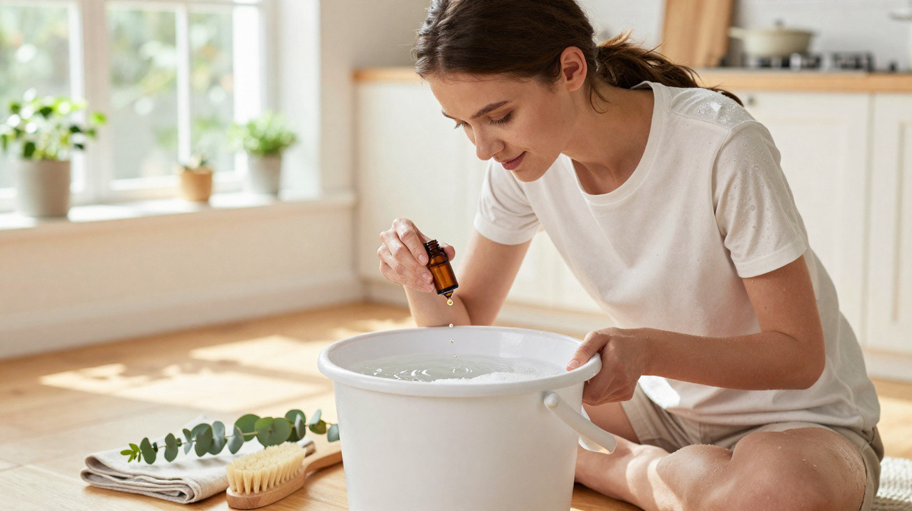 Woman adding essential oil drops to a white basin filled with water while sitting on the wooden floor.