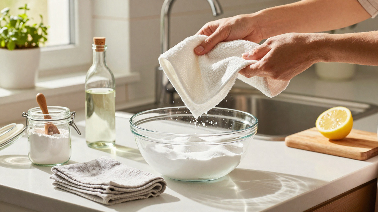 Hands wringing a white cloth over a glass bowl with cleaning supplies and a lemon on the kitchen counter.