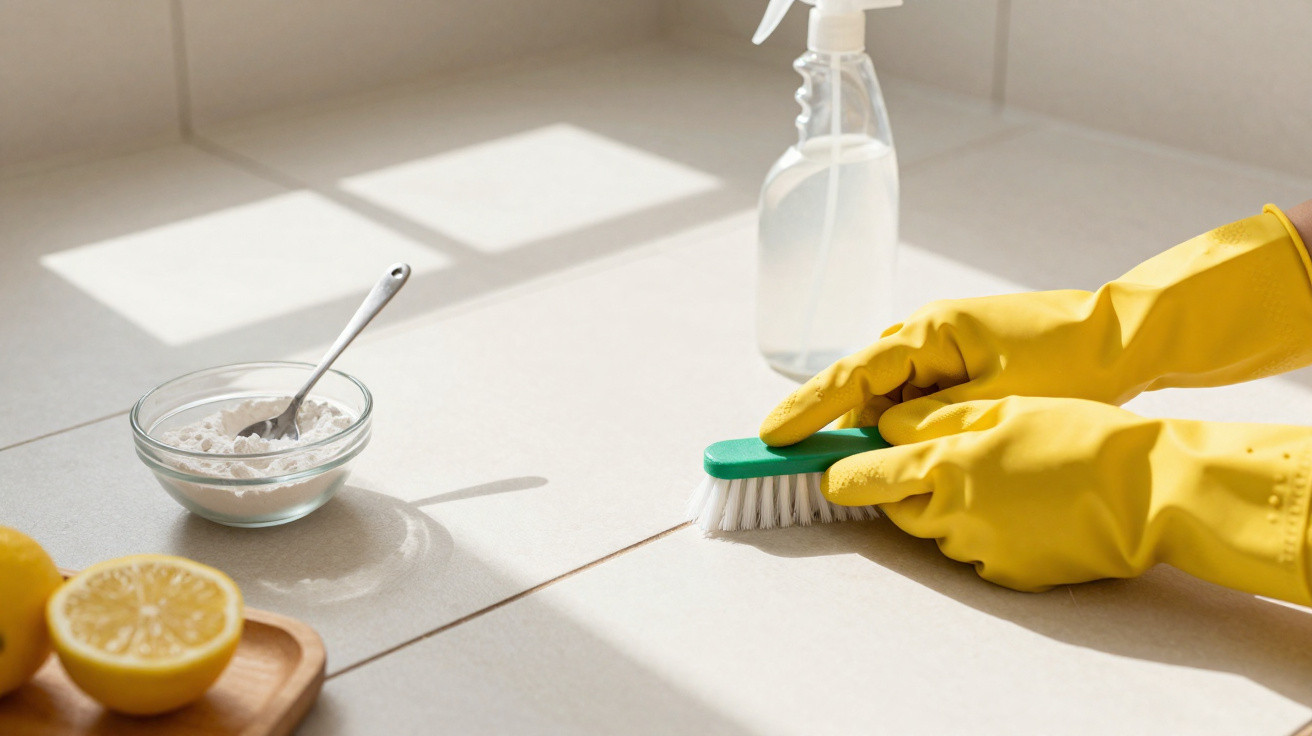 Hands wearing yellow gloves scrubbing tiled surface with brush, lemon, baking soda, and spray bottle nearby.
