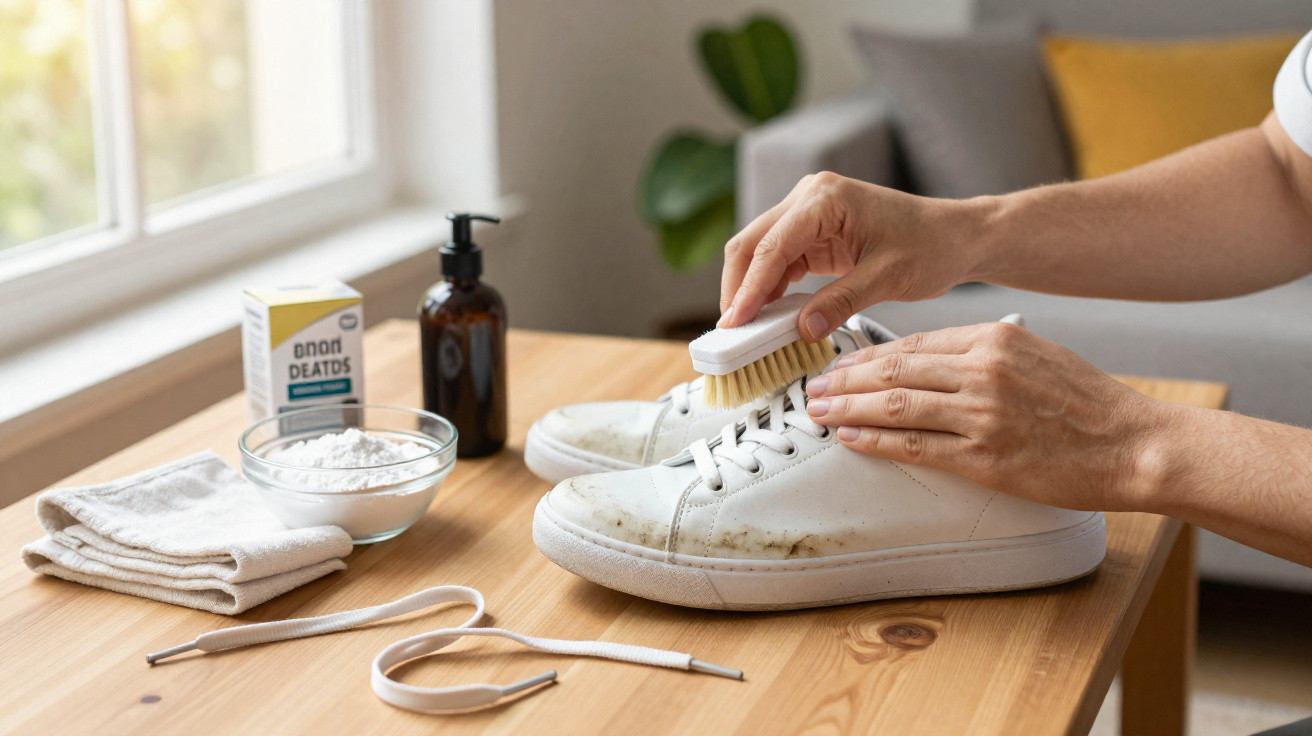 Person cleaning white sneakers with a brush on a wooden table beside cleaning supplies and laces.