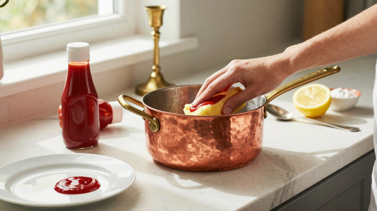 Hand squeezing a lemon over a copper saucepan on a kitchen counter with ketchup and a plate nearby.