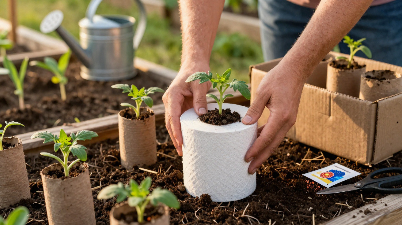 Hands transplanting a seedling into a roll of toilet paper in a garden with soil and gardening tools nearby.