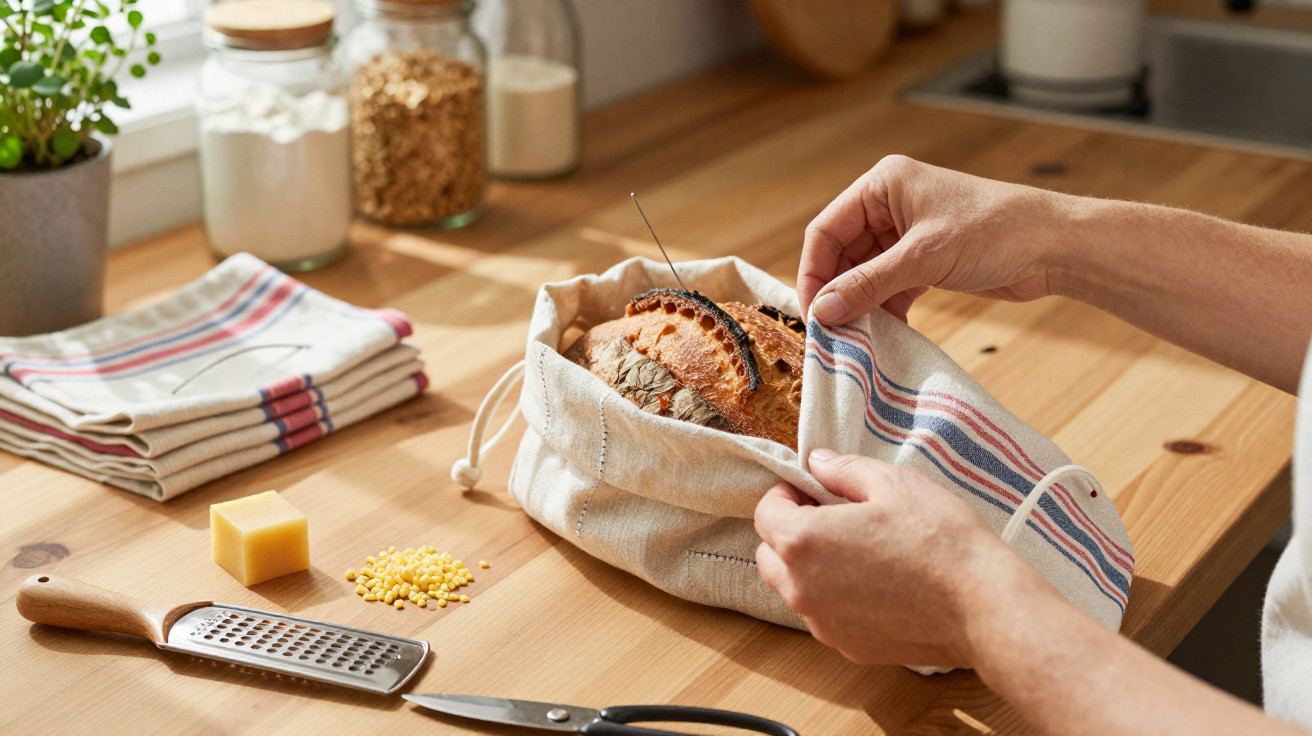 Person wrapping a loaf of rustic bread in a striped cloth bag on a wooden kitchen table.