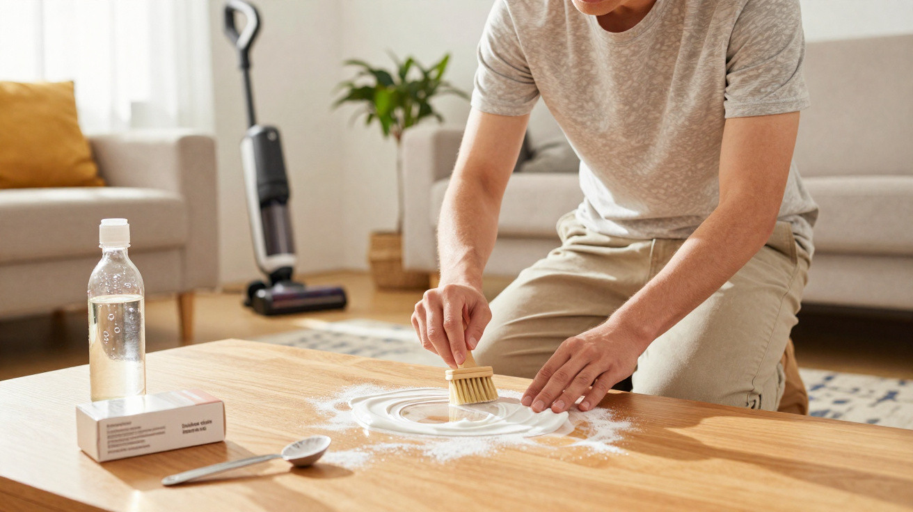 Person scrubbing a wooden table with brush and cleaning powder in a bright living room.