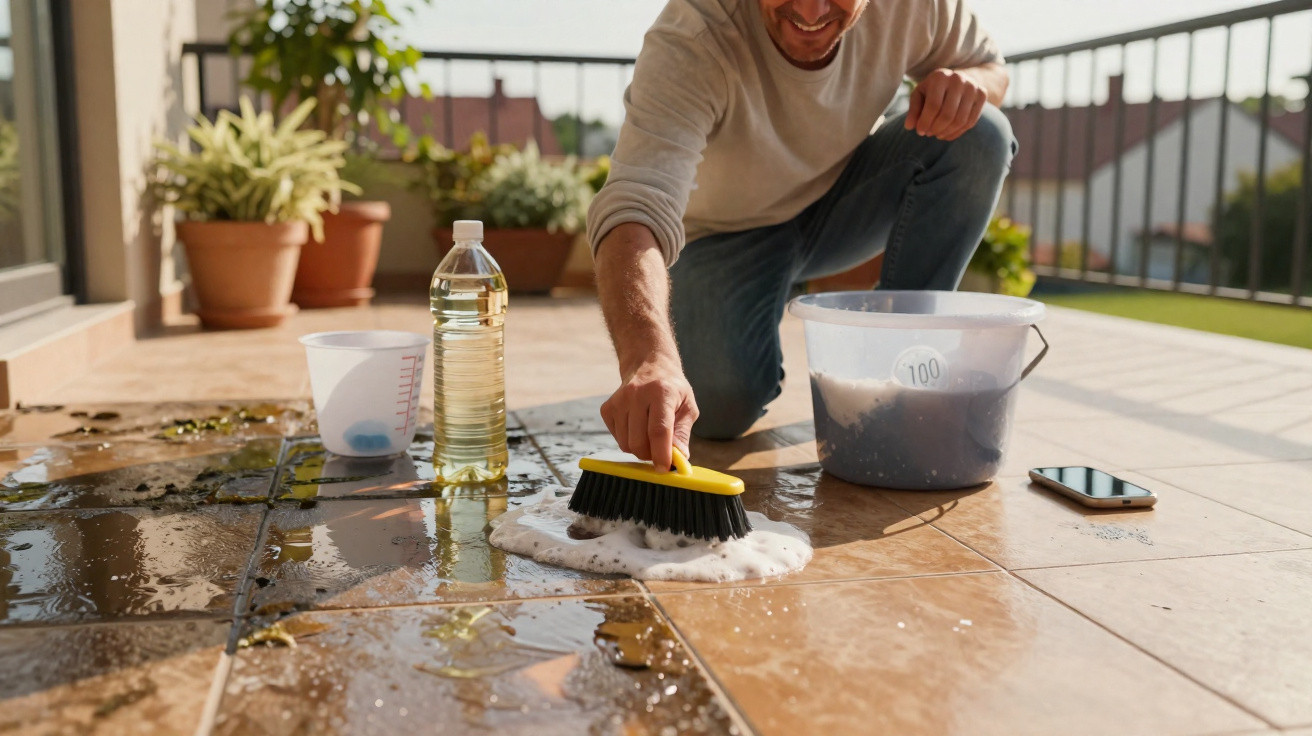 Man scrubbing a tiled balcony floor with a brush, surrounded by cleaning supplies and a smartphone nearby.