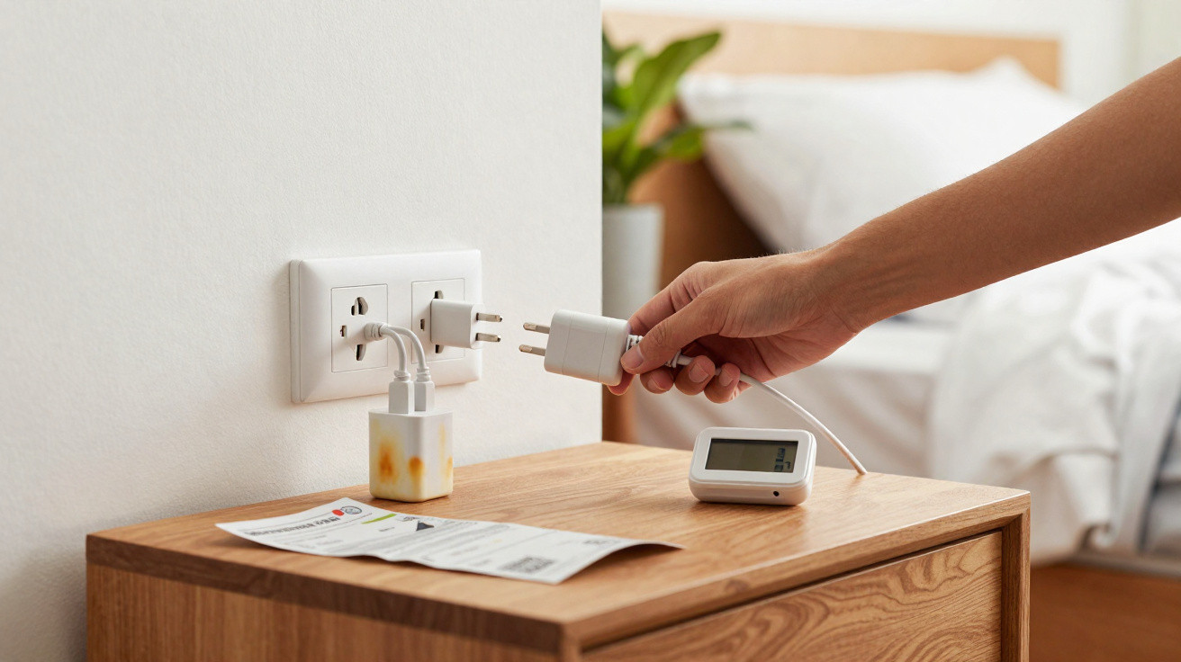 Hand plugging a white charger into a wall socket above a wooden bedside table with a device and paperwork.